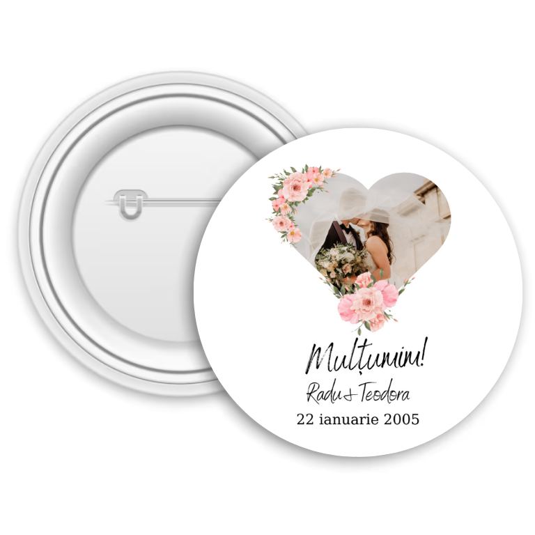 Insignă metalică personalizată cu poză și text – Nuntă