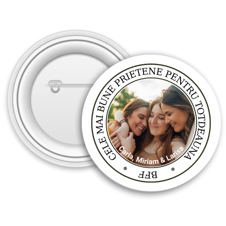 Insignă metalică personalizată cu nume și poză – Cele mai bune prietene
