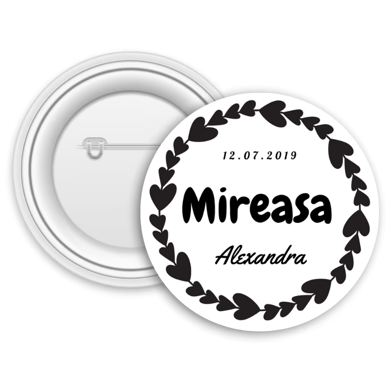 Insignă metalică personalizată cu dată și nume – Mireasa