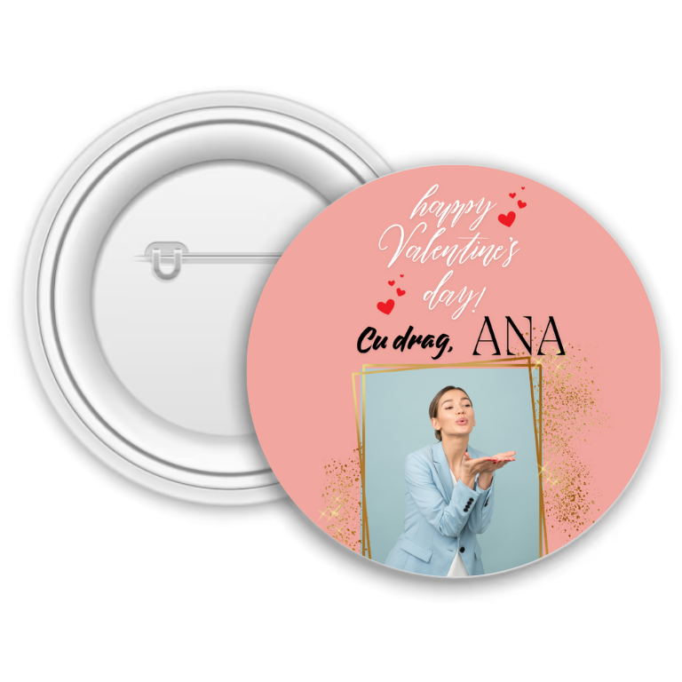 Insignă metalică personalizată cu nume și poză – Happy Valentine’s Day