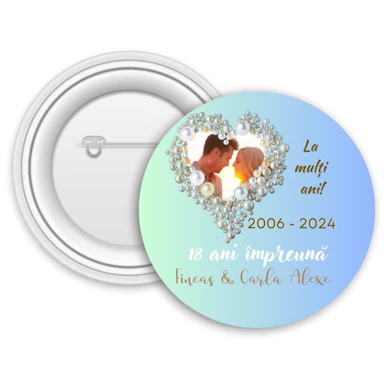 Insignă metalică personalizată cu poză și text – Aniversare căsătorie