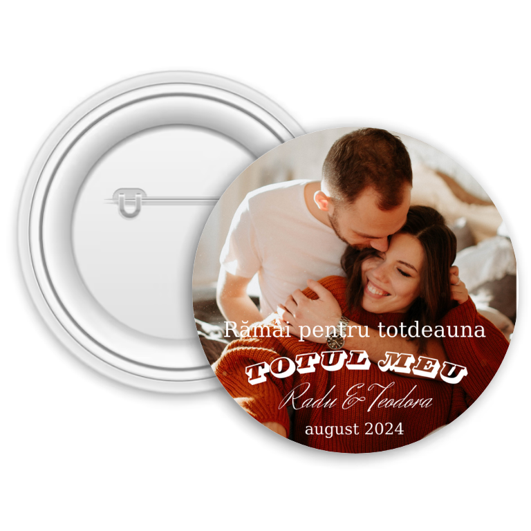 Insignă metalică personalizată cu poză, două nume și dată - Totul meu