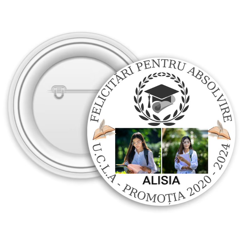 Insignă metalică personalizată cu două poze, nume și text – Absolvire