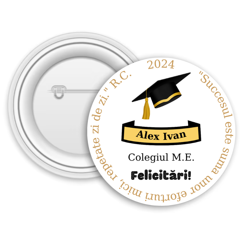 Insignă metalică personalizată cu nume și text – Absolvire
