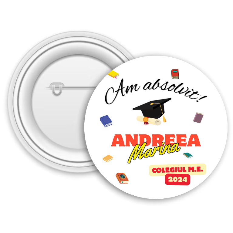 Insignă metalică personalizată cu nume și text – Am absolvit! Insignă metalică personalizată cu nume și text – Am absolvit!