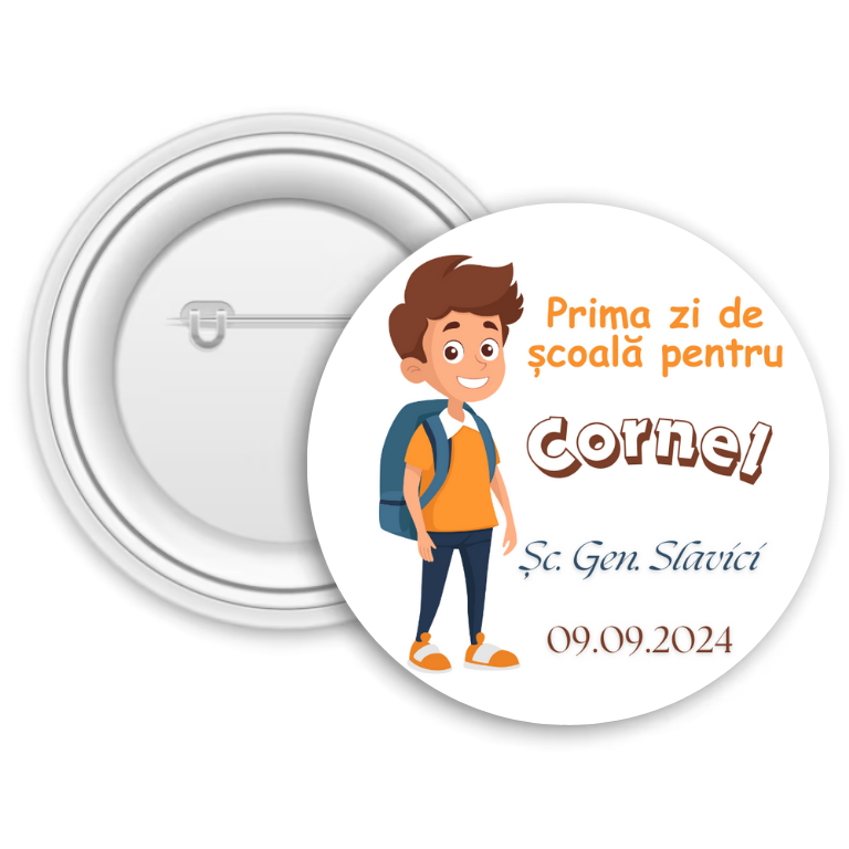 Insignă personalizată pentru copii cu nume și text – Prima zi de școală