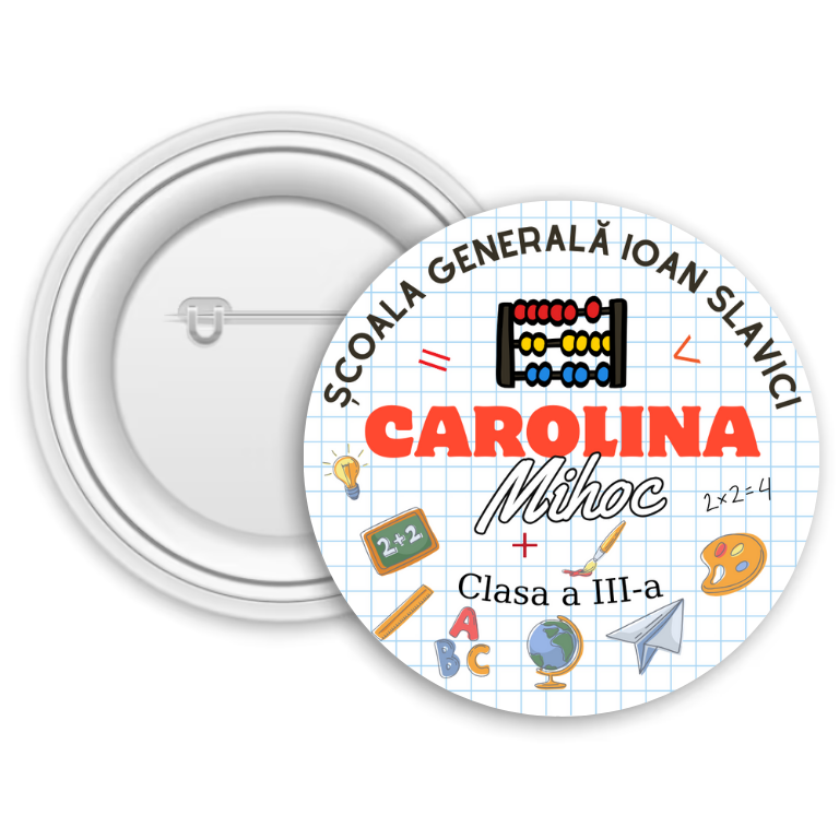 Insignă personalizată pentru copii cu numele școlii și text