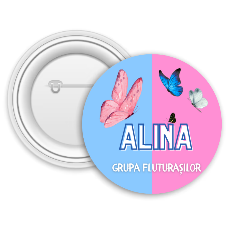 Insignă personalizată pentru copii cu nume – Grupa fluturașilor Insignă personalizată pentru copii cu nume – Grupa fluturașilor