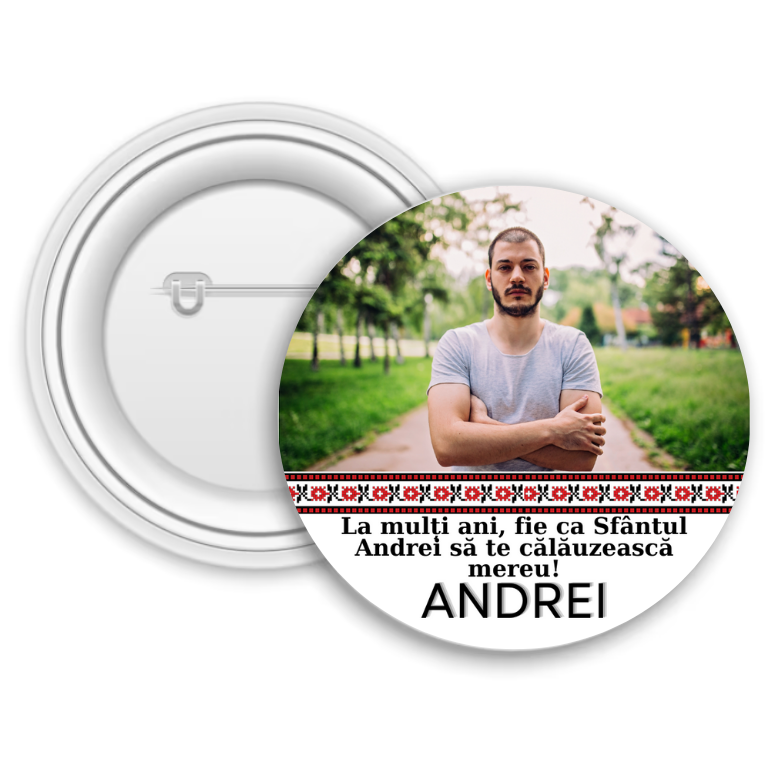 Insignă metalică personalizată cu nume și poză – Sfântul Andrei