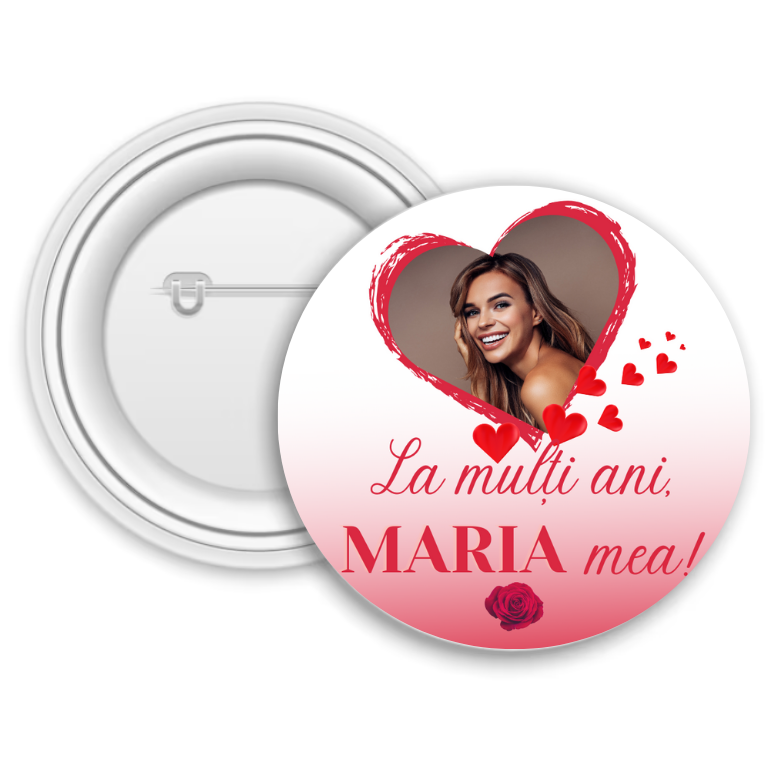 Insignă metalică personalizată cu nume și poză – Maria