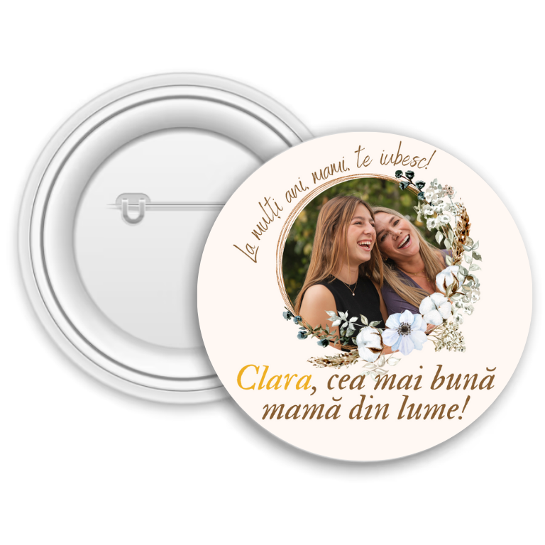 Insignă metalică personalizată cu poză, nume și text – Cea mai bună mamă