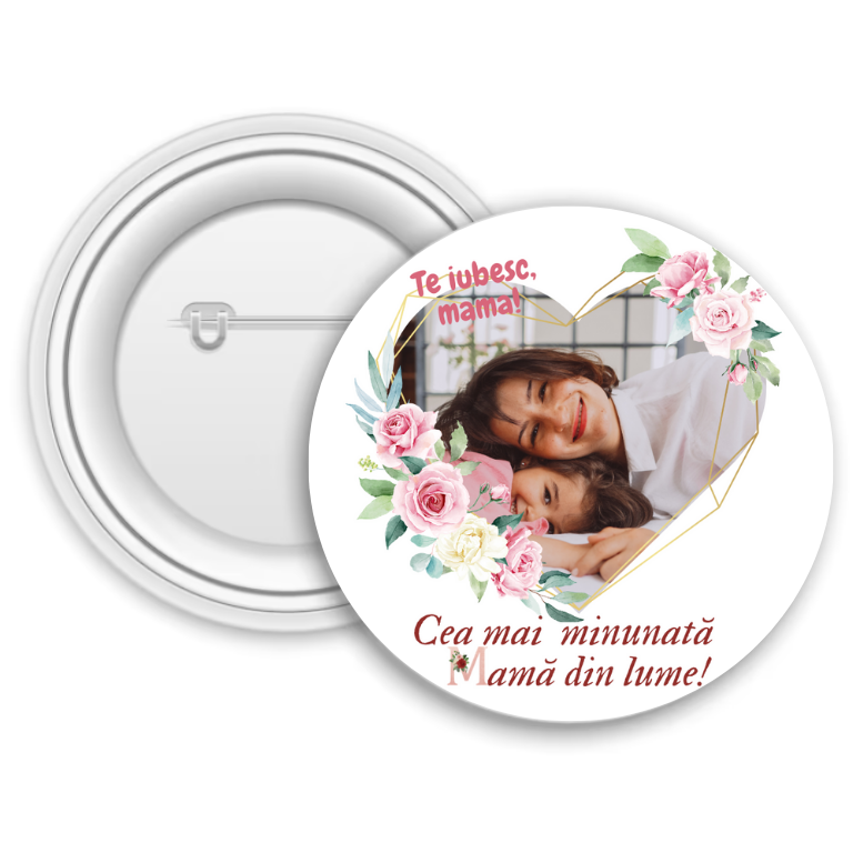 Insignă metalică personalizată cu poză și text – Cea mai minunată mamă