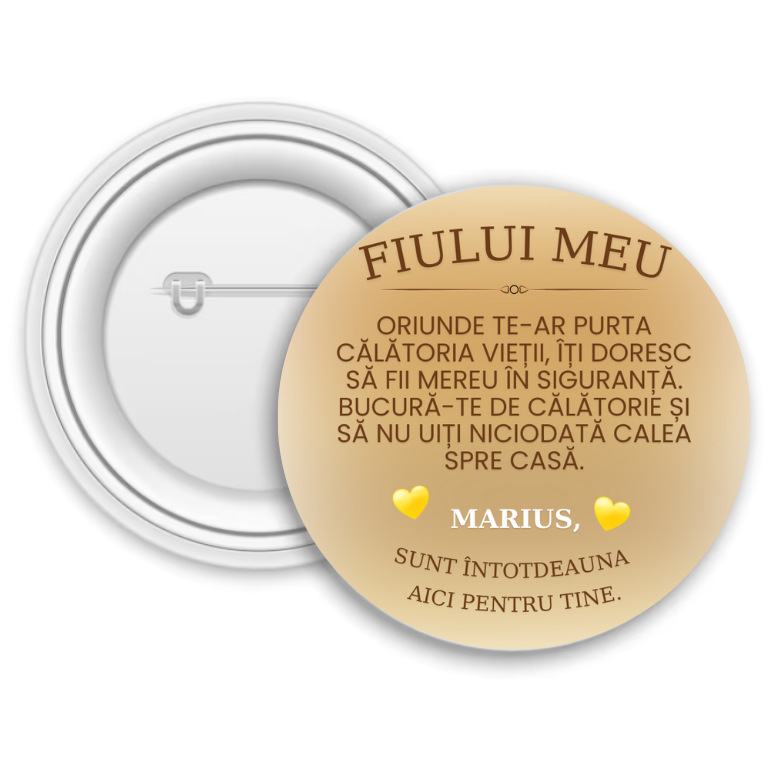 Insignă metalică personalizată cu nume și text – Fiului meu