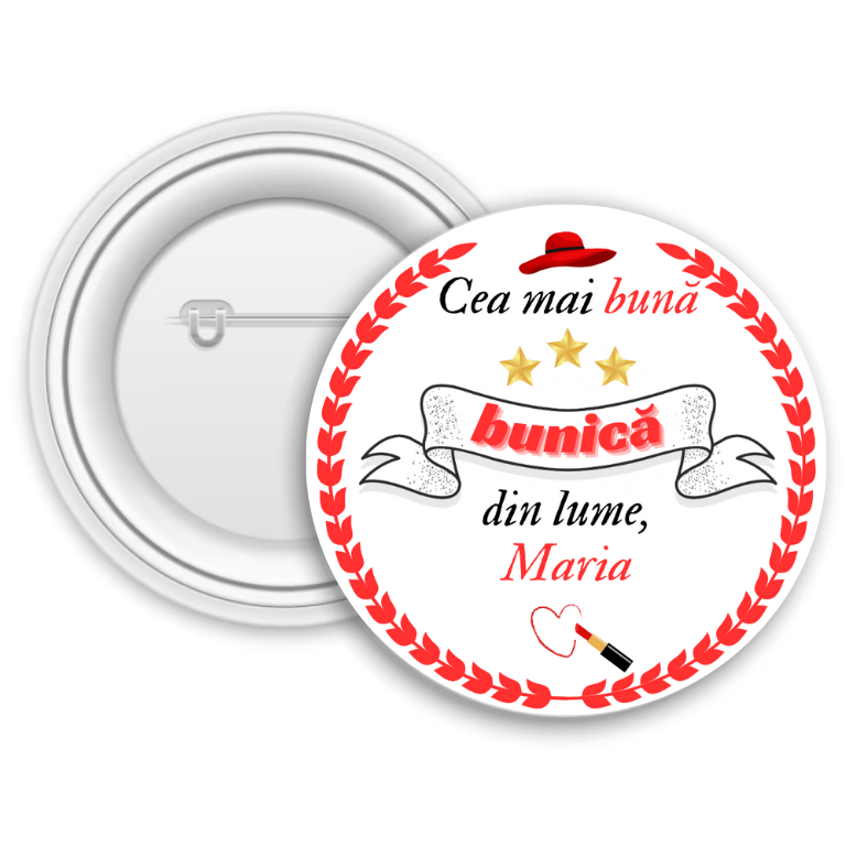 Insignă metalică personalizată cu nume – Cea mai bună bunică