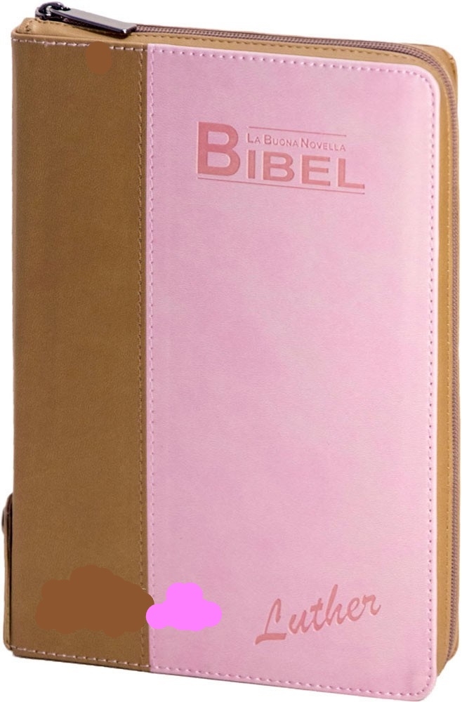 Biblia in limba germana - La Buona Novella Bibel - piele ecologica, marime 14x21 cm, culoare maro cu roz, fermoar, index, margini aurii