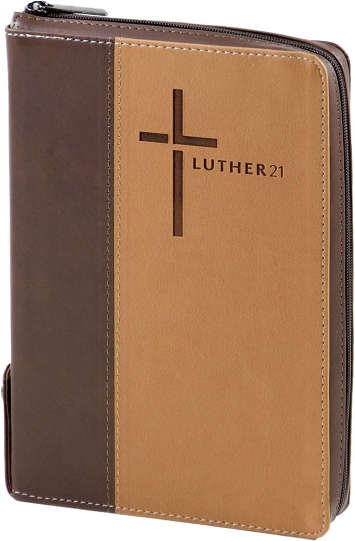 Biblia in limba germana - Luther21 - Standardausgabe, piele ecologica, marime 14x21 cm, culoare maro cu bej, fermoar, index, margini aurii