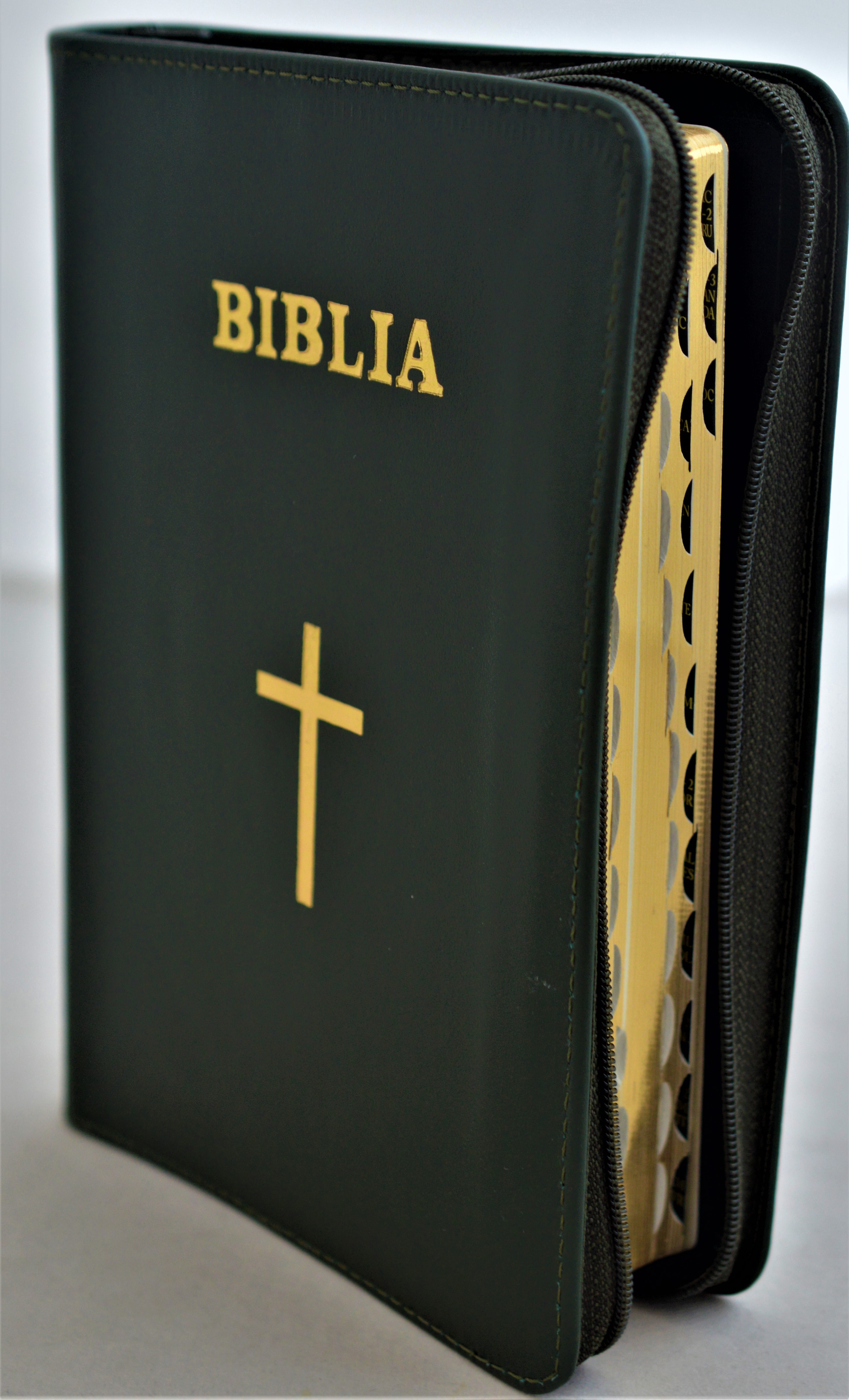 Biblie din piele, marime medie, culoare verde inchis, fermoar, index, margini aurii, simbol cruce, cuv. lui Isus cu rosu [SB 057 PFI]