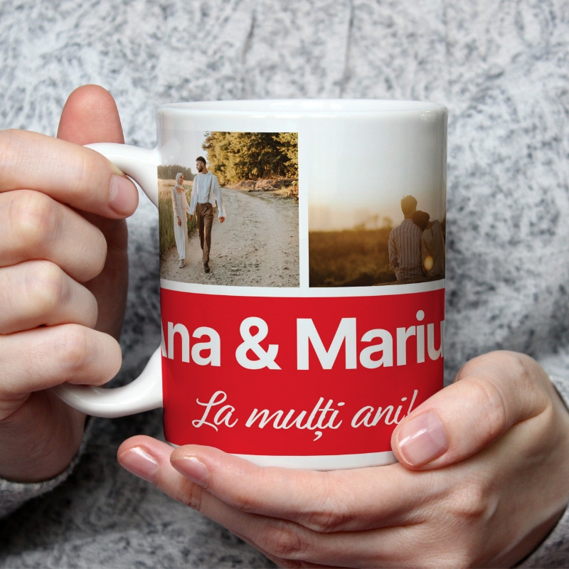 Cană personalizată cu 3 poze și două nume – La mulți ani Cană personalizată cu 3 poze și două nume – La mulți ani