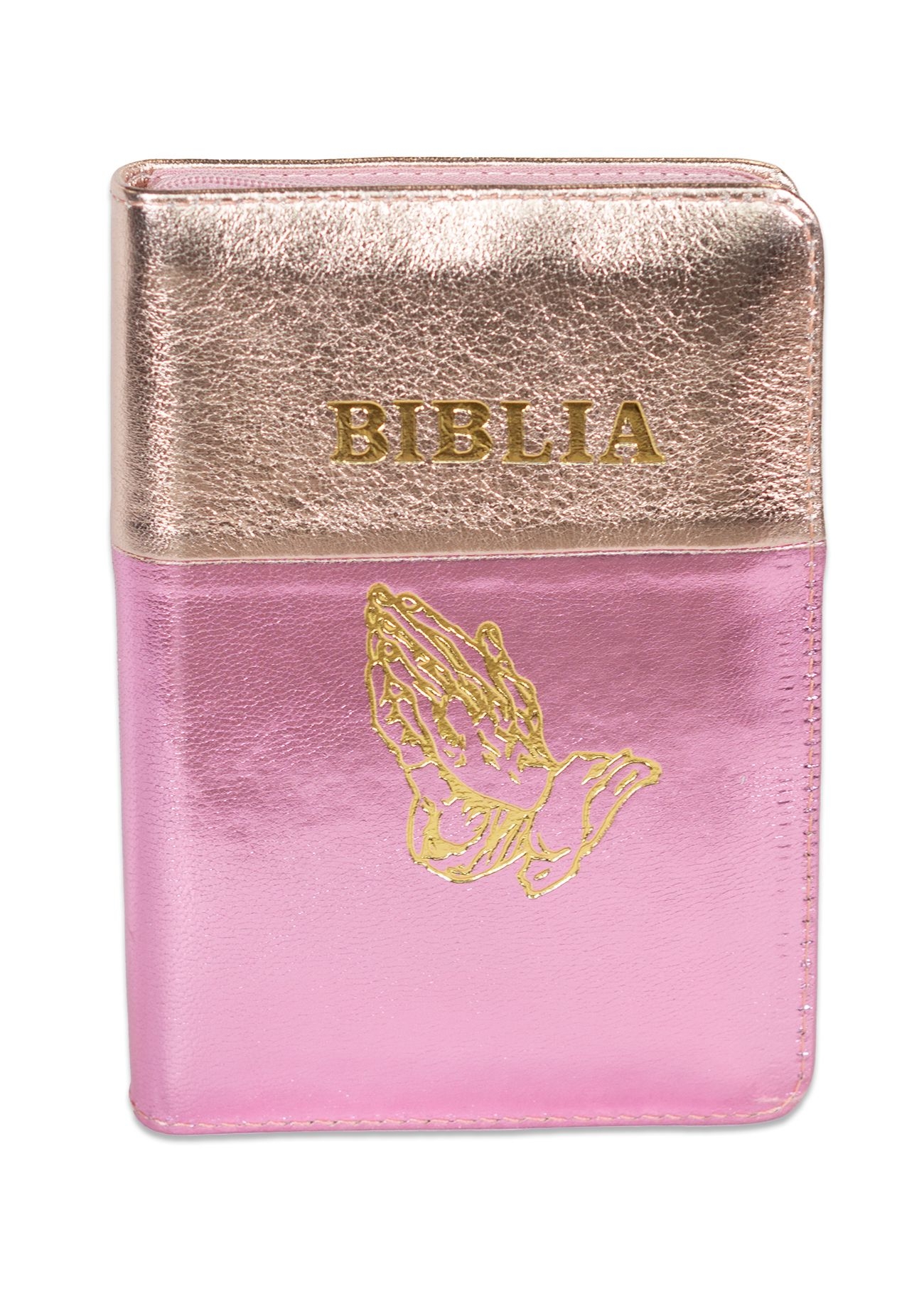 Biblia format mic, din piele, culoare auriu sidefat cu roz sidefat, index, fermoar, margini argintii, simbolul maini in ruga, cuv. lui Isus in rosu [047 PFI]