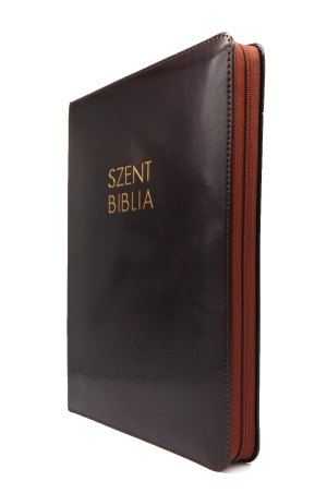Szent Biblia, Nagy, Sötétbarna, Cipzáros, Károli Gáspár Forditása - Biblia in limba maghiara, mare, piele, alb floral, fermoar, index [073 PF]