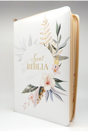 Szent Biblia, Nagy, Virágos, Cipzáros, Károli Gáspár Forditása - Biblia in limba maghiara, mare, piele, alb floral, fermoar, index [073 PF]