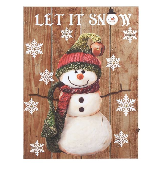 Decoratiune din lemn de Craciun cu led - Om de zapada - Let it snow Decoratiune din lemn de Craciun cu led - Om de zapada - Let it snow