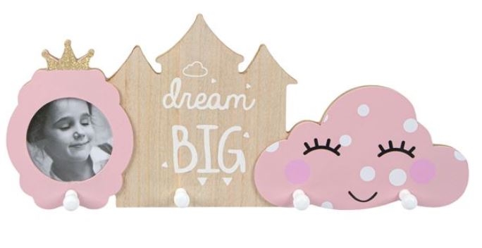 Cuier de perete din lemn, cu rama foto, roz (47.5x20cm) Cuier de perete din lemn, cu rama foto, roz (47.5x20cm)