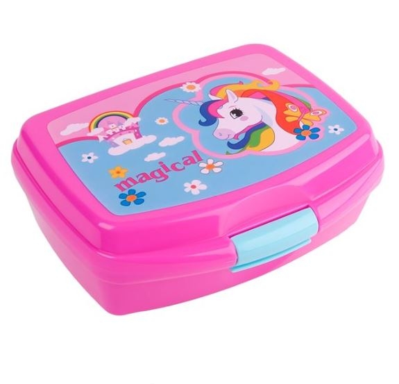 Cutie mancare, roz - Unicorn + lingura si furculita (550 ml) Cutie mancare, roz - Unicorn + lingura si furculita (550 ml)