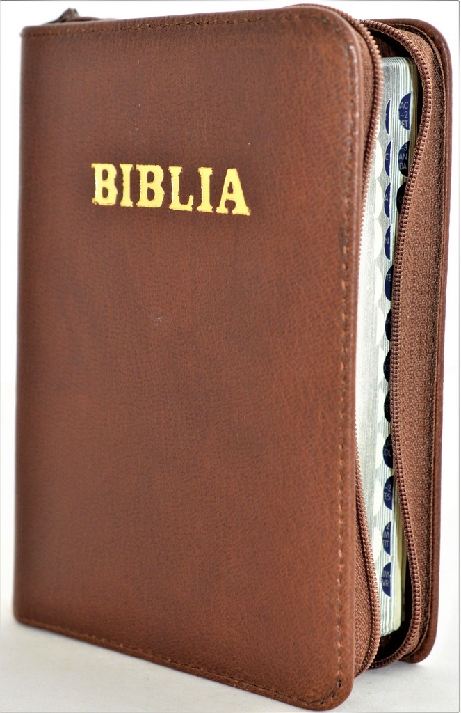 Biblie marime mica, piele,culoare maro, index, fermoar, margini aurii, cuv. lui Isus in rosu,[047 PFI]