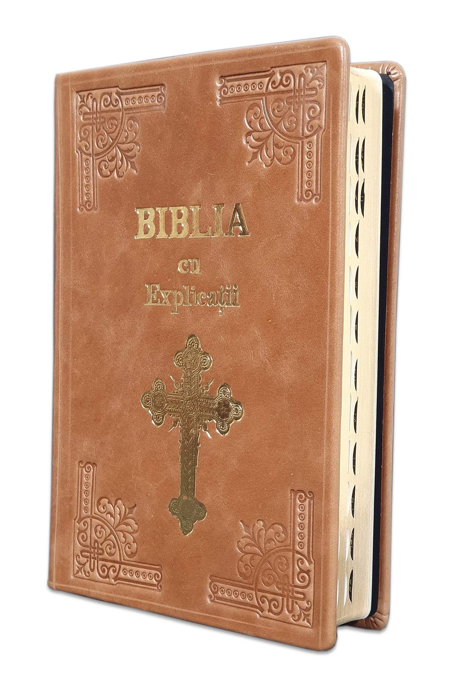 Biblia Handmade, mare, cu concordanta si explicatii, piele, culoare maro deschis, cu index, aurita, cu cruce, cuv. lui Isus cu rosu [CO 77 HMI]