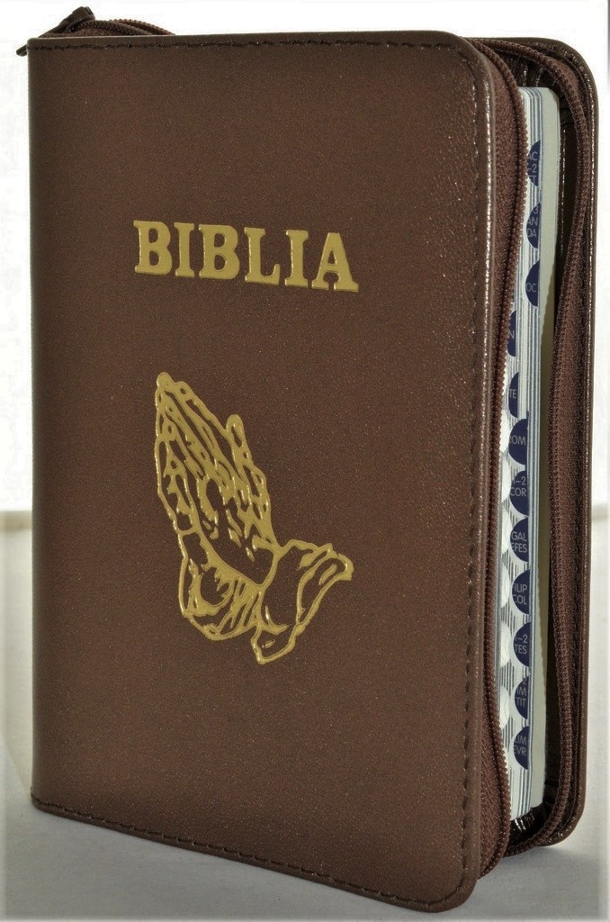 Biblie marime mica, piele,culoare maro sidefat, index, fermoar, margini aurii, cuv. lui Isus in rosu,simbol maini in rugaciune [047 PFI]