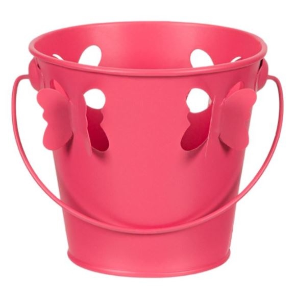 Masca pentru ghiveci, de metal, roz, in forma de galeata - Fluturi 3D (11x10.5cm)