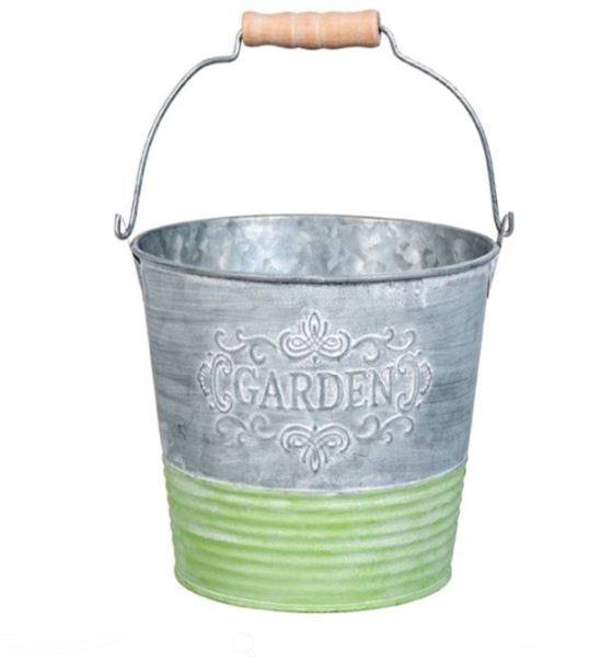 Masca pentru ghiveci, forma galeata de metal, gri cu verde - Garden (13x13x9cm) Masca pentru ghiveci, forma galeata de metal, gri cu verde - Garden (13x13x9cm)