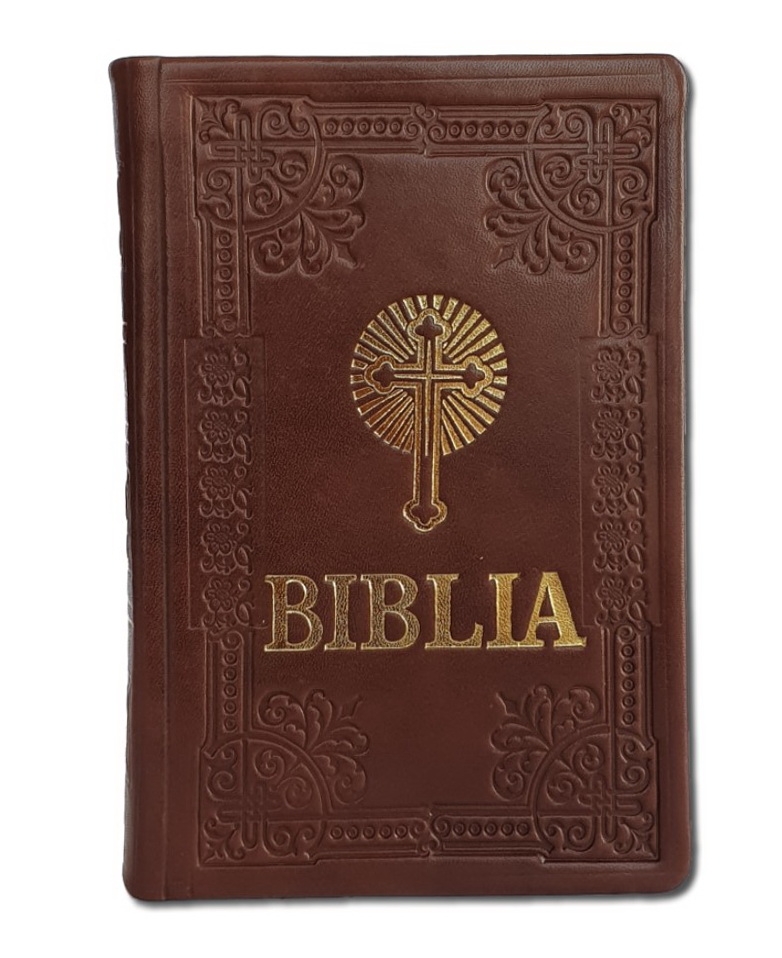 Biblia Ortodoxa, marime mica, hand made, imbracata in piele, margini aurii, culoare maro, cu cruce (cu aprobarea Sf. Sinod)