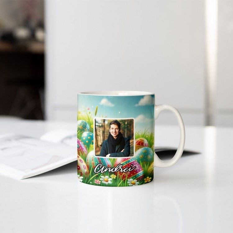 Cană personalizată cu verset biblic, poză și nume - Paște