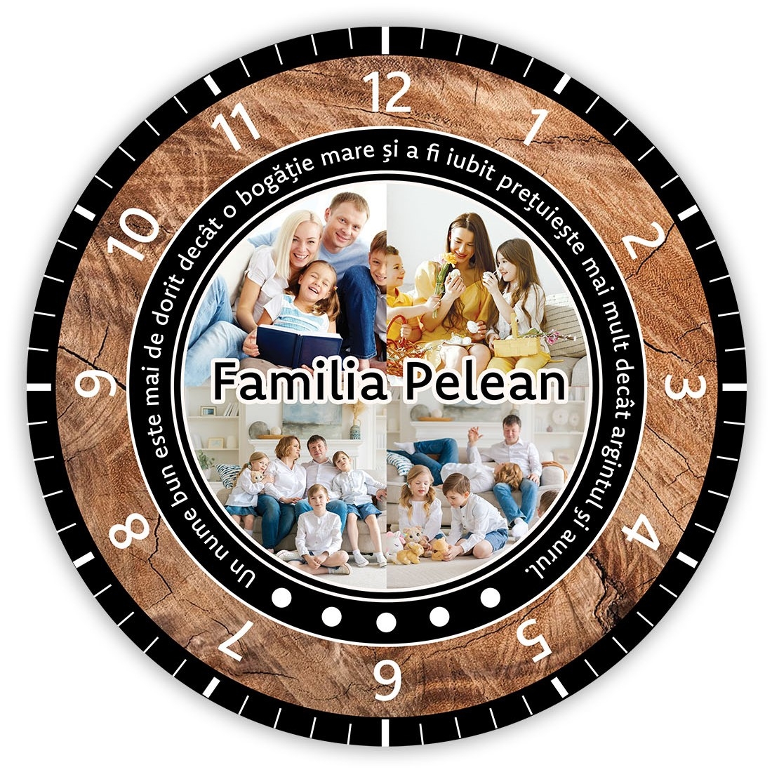 Ceas personalizat cu verset biblic, nume și 4 poze - Familia