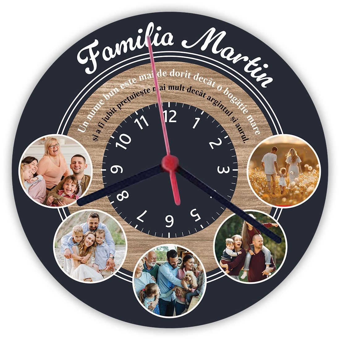 Ceas personalizat cu verset biblic, nume și 5 poze - Familia