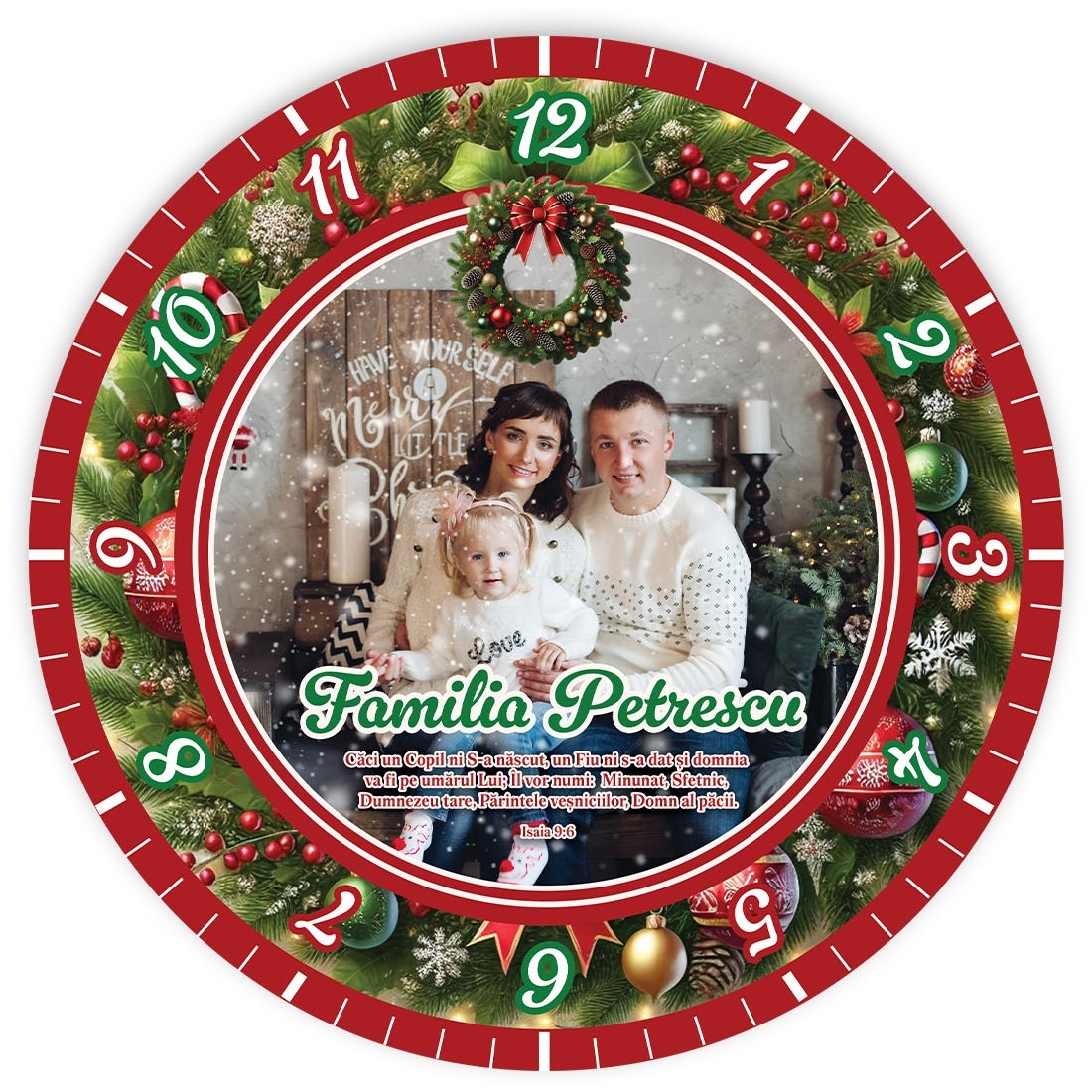 Ceas personalizat cu verset biblic, nume și poză - Crăciun