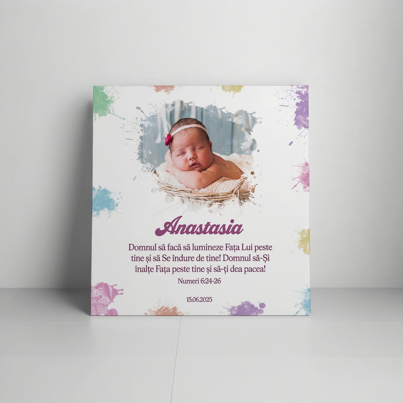 Tablou canvas personalizat cu verset biblic, poză și nume – Nou născut