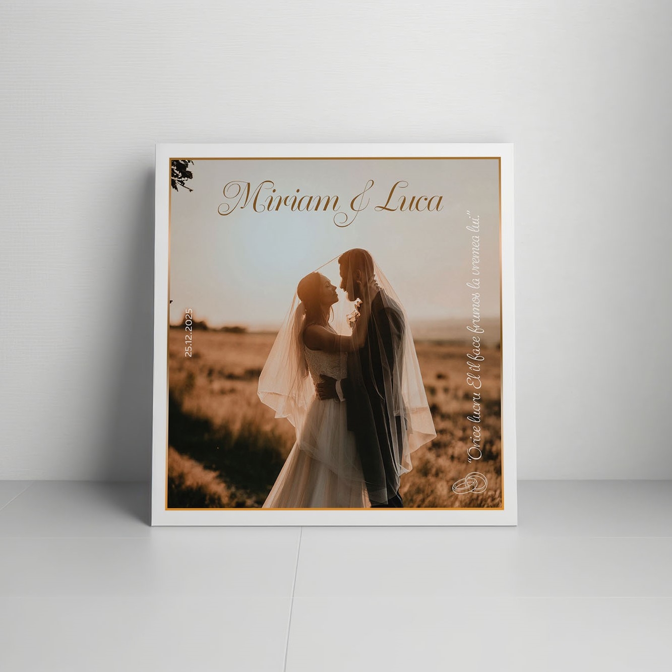 Tablou canvas personalizat cu verset biblic, două nume, poză și dată – Nunta