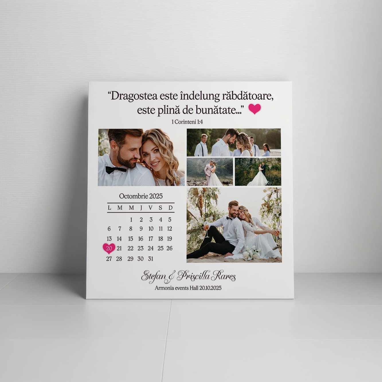 Tablou canvas personalizat cu verset biblic, două nume, 5 poze și dată – Mărturie nunta