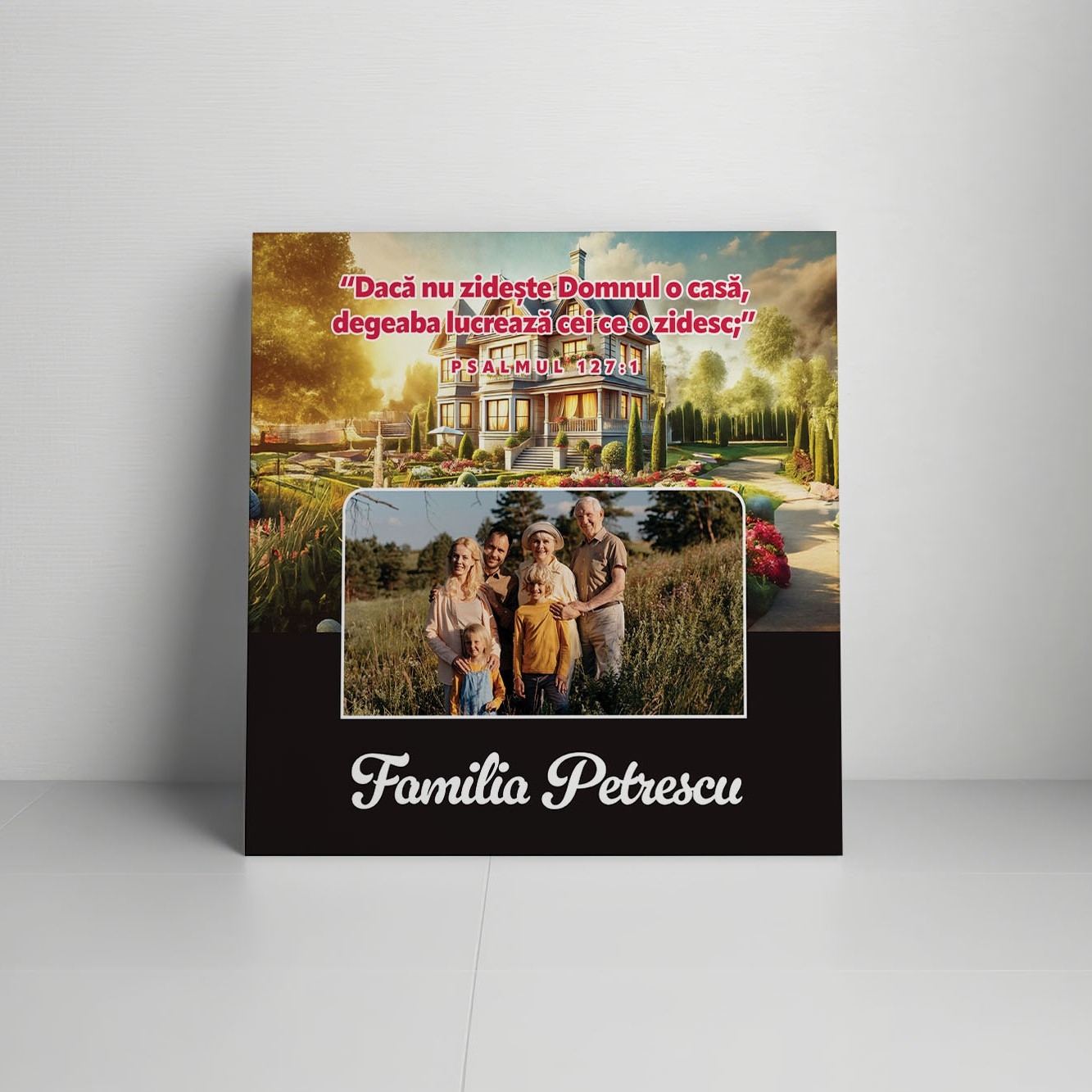 Tablou canvas personalizat cu verset biblic, nume și poză – Familie