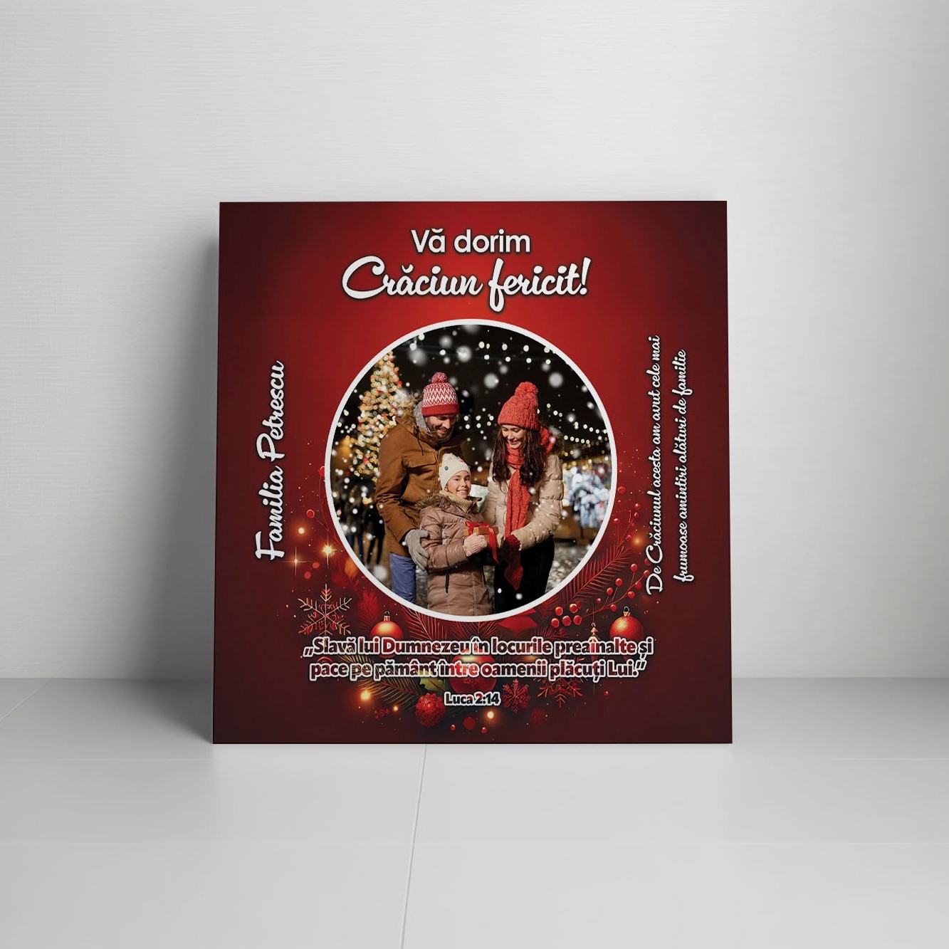 Tablou canvas personalizat cu verset biblic, nume, text și poză – Crăciun fericit!