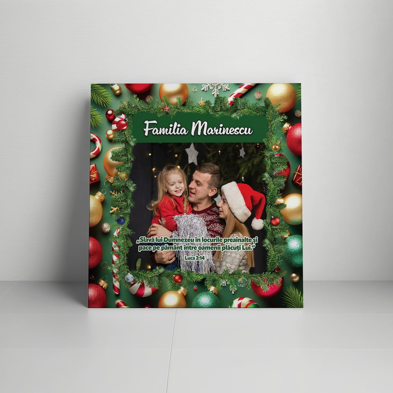 Tablou canvas personalizat cu verset biblic, nume și poză – Crăciun