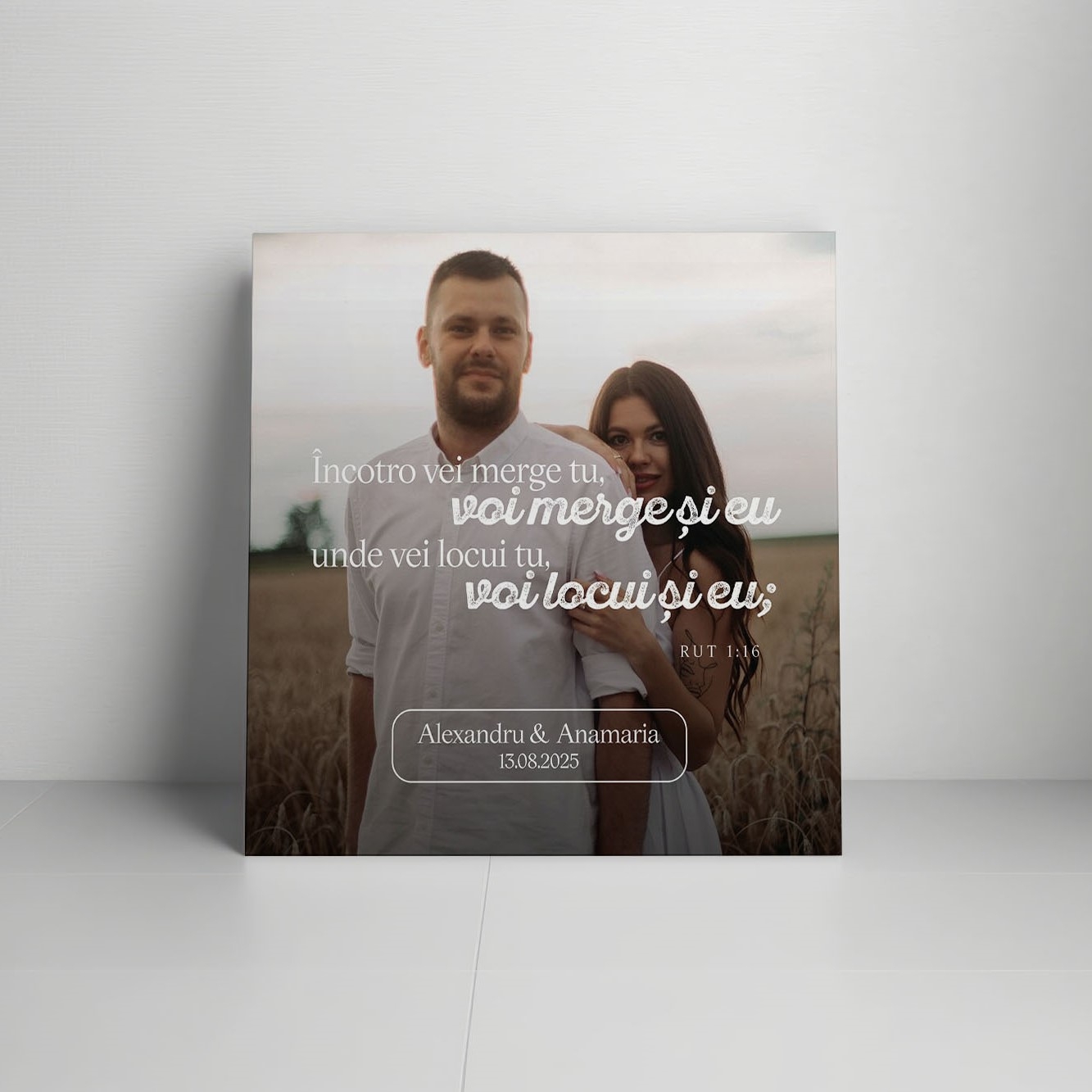 Tablou canvas personalizat cu verset biblic, două nume, dată și poză – Cuplu