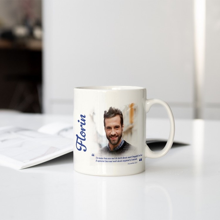 Cană personalizată cu verset biblic, nume și poză pentru bărbați