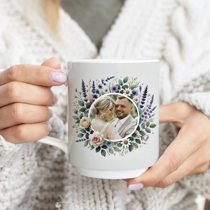 Cană personalizată cu verset biblic, 2 poze, nume și dată - Nuntă