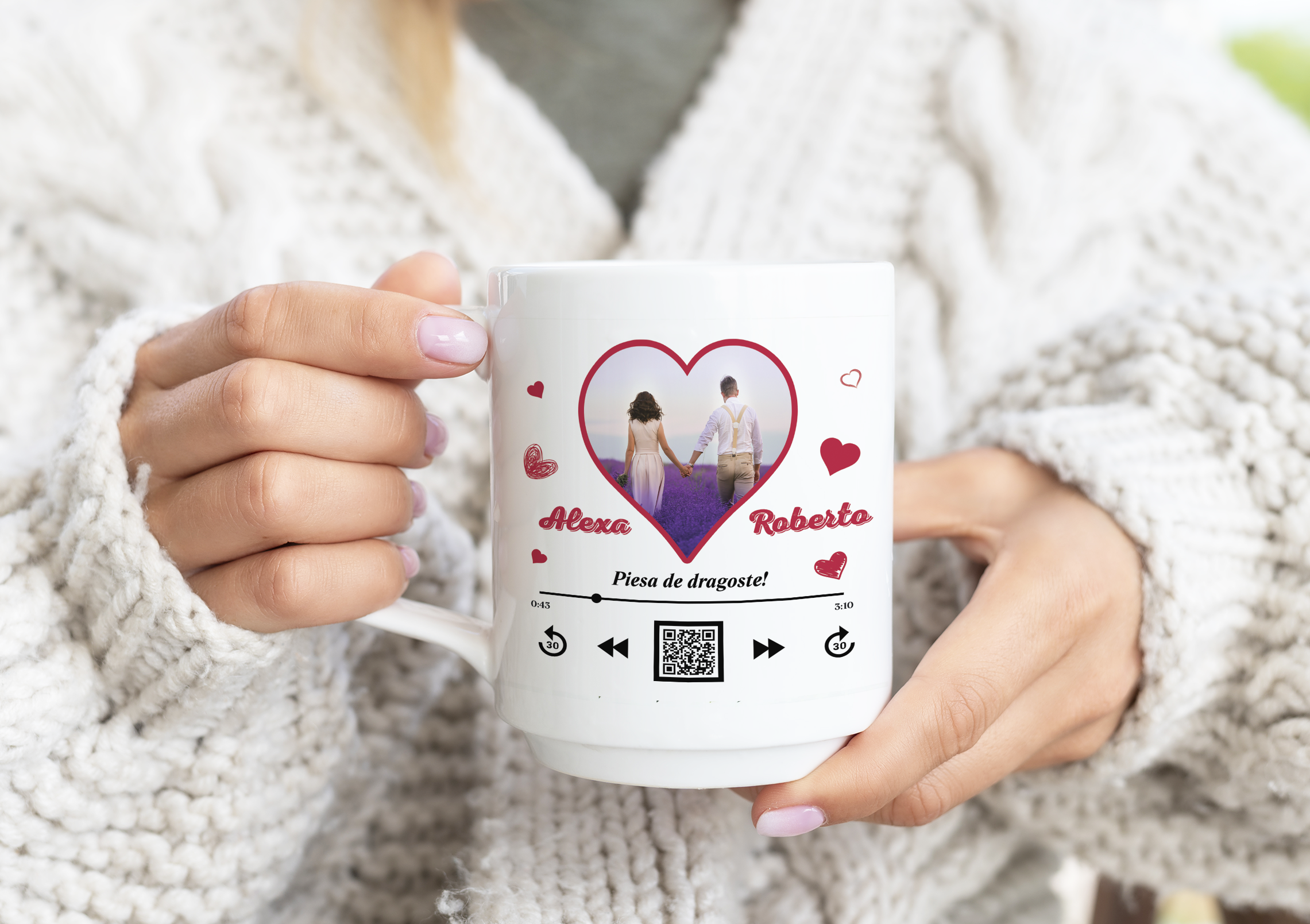 Cană pentru iubit/iubită personalizată cu poză,nume, verset -Melodie cu codul QR
