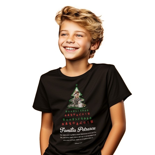 Tricou crestin pentru copii personalizat cu verset biblic, poză și nume - Crăciun fericit!
