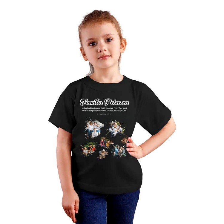 Tricou crestin pentru copii personalizat cu verset biblic, 7 poze și nume - Familia
